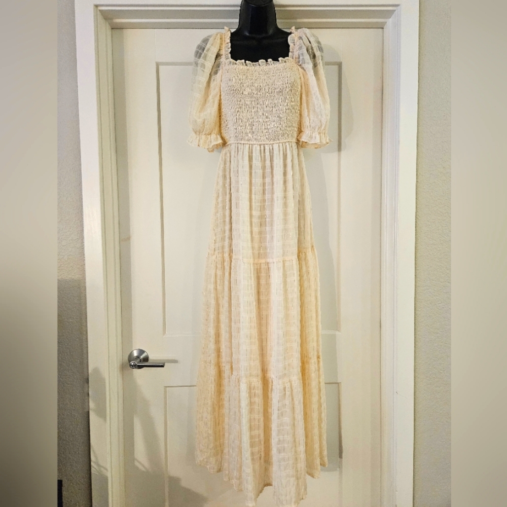 Smocked square neck dress by Moon River, cream colored, size medium